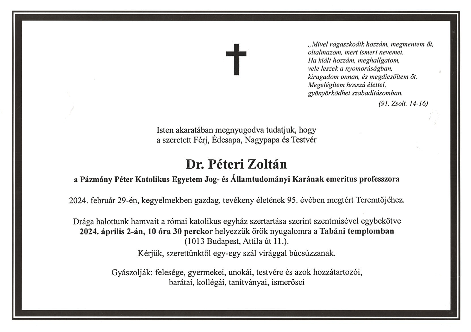 Gyaszjelentés Prof Dr Péteri Zoltán
